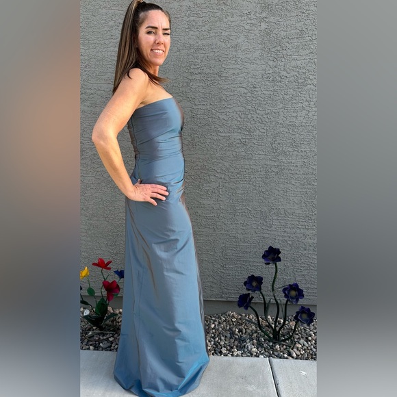 Laundry by Shelli Segal Strapless Shimmery Blue Gown Drawstring Ruching B1 - Picture 5 of 10